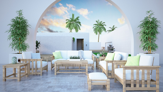 Mediterranean Style White Summer House and Patio Furnitures. 3D Render