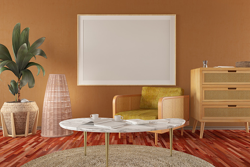 Empty Picture Frame Against Beige Wall in a Cozy Living Room. 3D Render