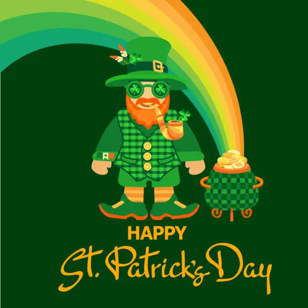 Vector illustration of Happy Saint Patrick's Day. Leprechaun, pot, rainbow, hand-drawn lettering. Vector.