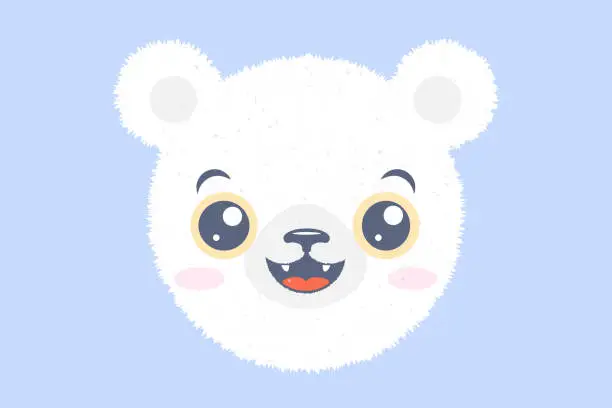 Vector illustration of Vector illustration of head of a polar bear for children. Vector icon of kawaii white bear for kids party. Baby bear emoji.