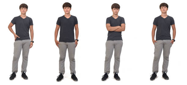 front view of a group of same boy standing on white background