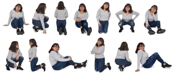 istock same woman kneeling, squatting and sitting on white background 2027235112