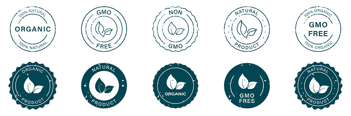 100 Percent Eco Natural Grunge Badge Set. Organic Bio Product Rubber Stamp. Non Gmo Emblem. Gmo Free Round Sticker Collection. Vegan Food Silhouette and Line Label. Isolated Vector Illustration.
