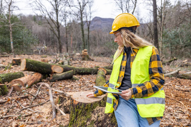 istock Female environmentalist researcher with data gathering equipment in a storm damaged forest 2027262222