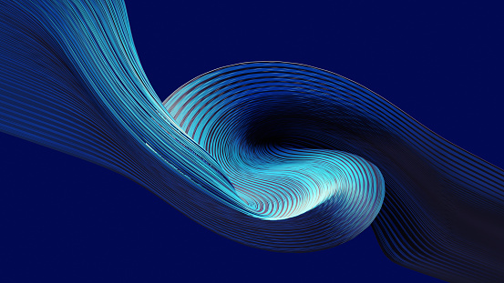 Abstract blue curved shape with striped pattern against dark blue background, 3d render.