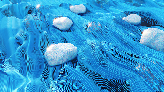 Abstract river or sea flowing over pebbles, 3d render.