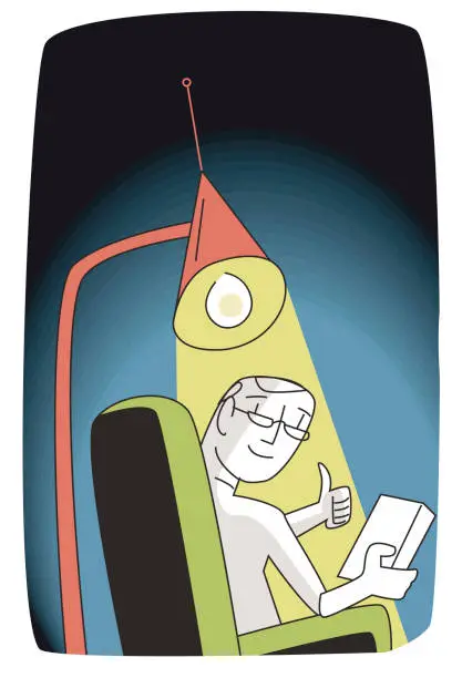 Vector illustration of man reading a book on the sofa under the light