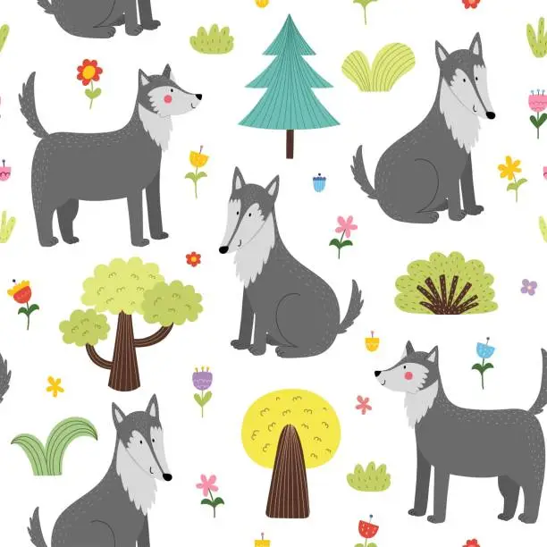 Vector illustration of Forest seamless pattern with a cute wolf. Woodland background for kids in cartoon style