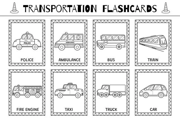 Vector illustration of Transportation flashcards black and white collection for kids. Vehicles flash cards set