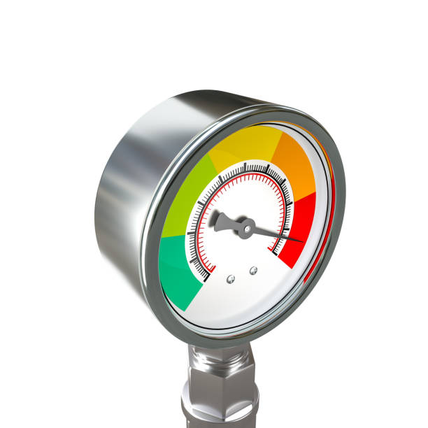 High precision metal pressure gauge with colorful dial isolated on a white  background. 3d render