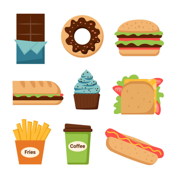 ilustrações, clipart, desenhos animados e ícones de conjunto de junk food1 - hamburger refreshment hot dog bun