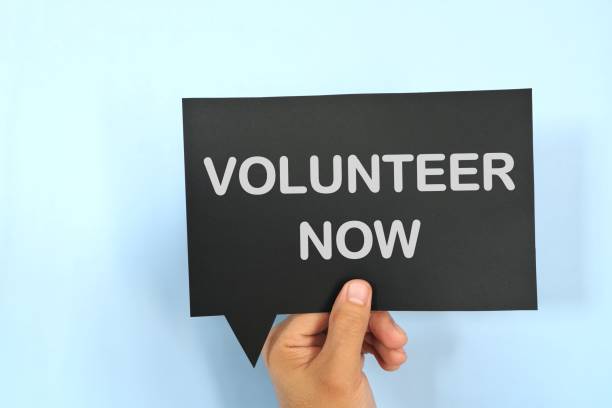 istock Human hand holding yellow speech bubble signage with written phrase Volunteer Now. Volunteering concept. 2027299939
