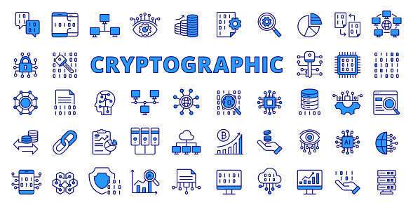 Cryptographic icons in line design, blue. Cryptographic, encryption, security, cryptography, code, business isolated on white background vector. Cryptographic editable stroke icons