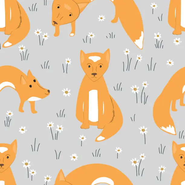 Vector illustration of Fox baby animal and flowers seamless pattern on grey background. Vector illustration.