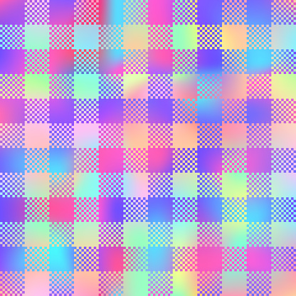 Holographic Plaid seamless patten. Vector checkered rainbow gradient plaid textured print. Shiny Iridescent plaid texture for fashion, print, design, wallpapers, background.