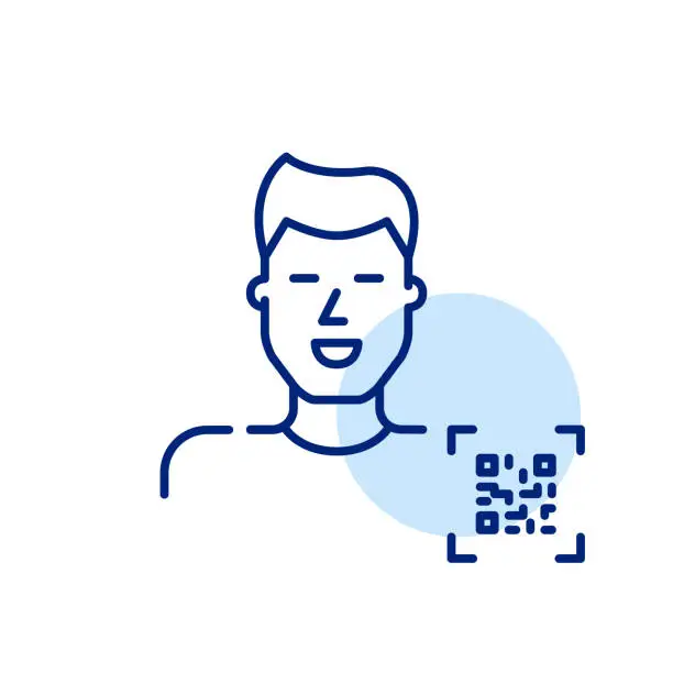 Vector illustration of Smiling man and qr-code next to him. Personal account access. Pixel perfect icon