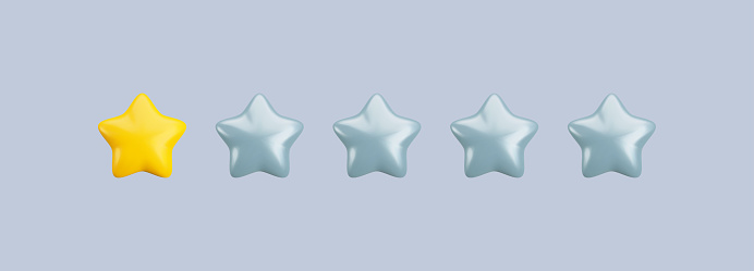 Vector 3d one star rating icon. One star out of five. Realistic cartoon 3d render worst customer rating and negative feedback concept, low level. Cute glossy yellow stars for web, game ui, app, mobile