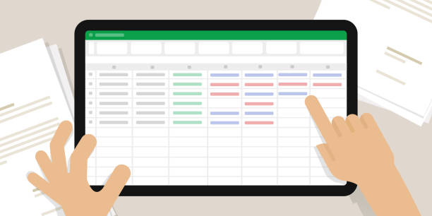 spreadsheet screen in tablet hand do accounting counting number office work financial calculation spreadsheet screen in tablet hand do accounting counting number office work financial calculation vector accounting office background stock illustrations