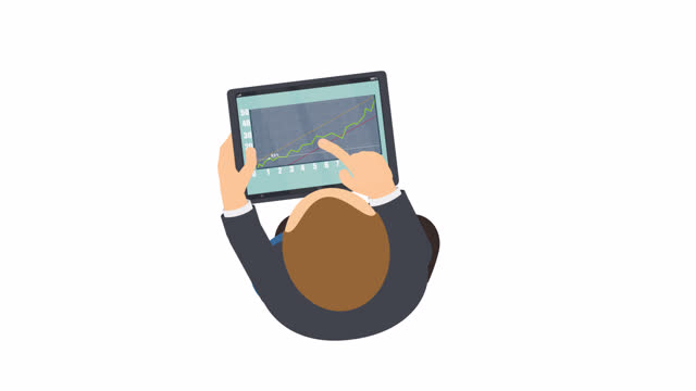 Man with a tablet. Animation of a businessman viewing business financial charts. Cartoon