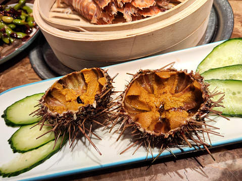 Cooked sea urchins at a local seafood restaurant in Dalian, Liaoning Province, China.