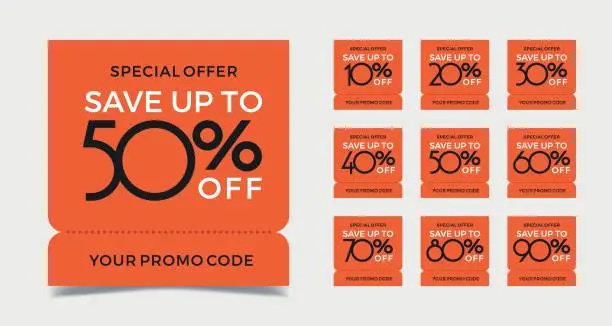 Vector illustration of Sale 10%, 20%, 30%, 40%, 50%, 60%, 70%, 80%, 90% off sign set. Percent discount.