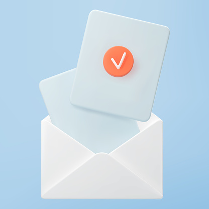 3d white open mail envelope icon with orange check mark isolated on blue background. Render approvement concept, email notification with document and check mark icon. 3d realistic vector.