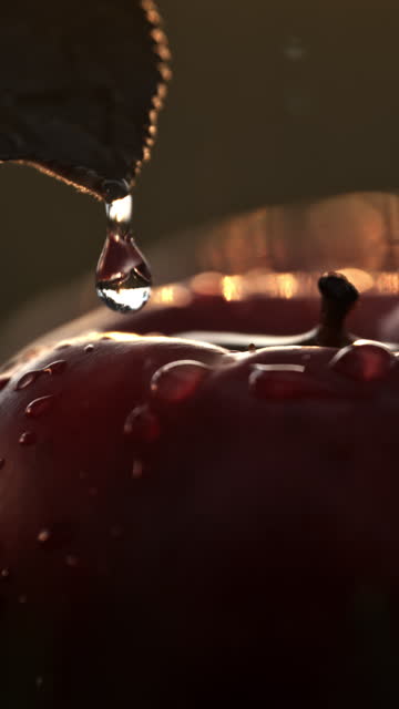 SUPER SLO MO Nature's Symphony: Water Droplets Cascade from Leaf to Red Apple in Close-Up Splendor