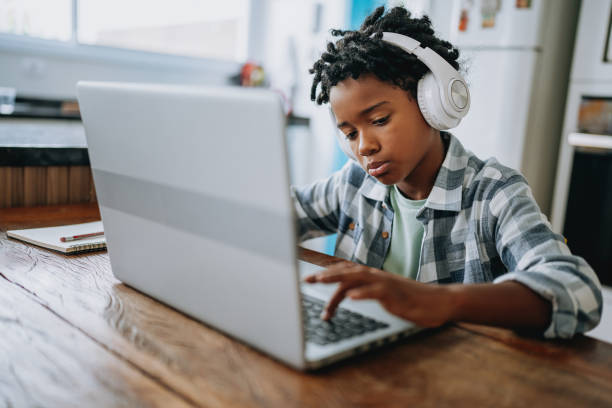 istock Portrait child boy studying at home on laptop 2027418394