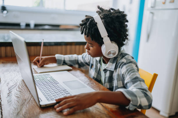 istock Portrait child boy studying at home on laptop 2027418444
