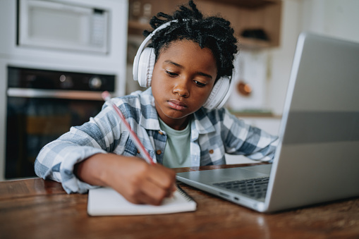 Portrait child boy studying at home on laptop