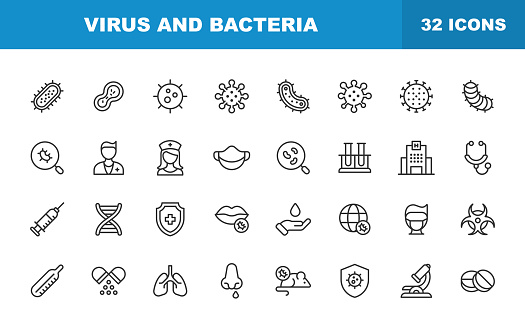 Virus and Bacteria Line Icons. Editable Stroke. Contains such icons as Bacterium, Infection, Disease, Virus, Cell, Flu, Research, Cold, Healthcare.