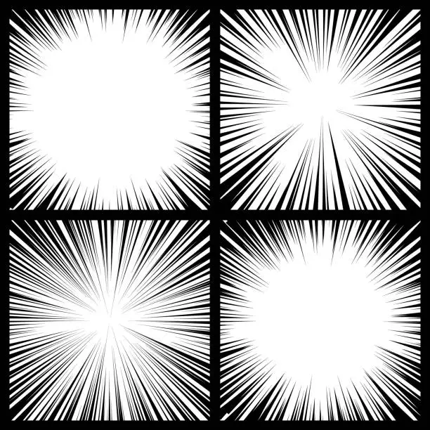 Vector illustration of Comic book radial rays, lines. Comics background with motion, speed lines. Pop art style elements. Vector illustration