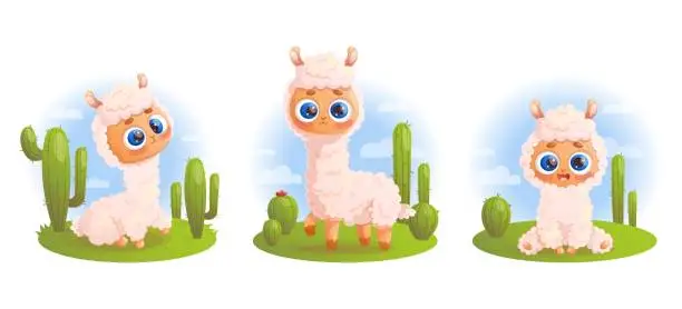Vector illustration of Cute Llama alpaca. Collection animals with cactus ang sky. Isolated Vector illustrations in cartoon style.