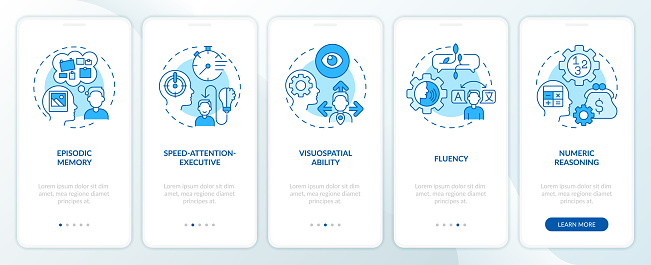 Domains of cognitive function blue onboarding mobile app screen. Walkthrough 5 steps editable graphic instructions with linear concepts. UI, UX, GUI template. Myriad Pro-Bold, Regular fonts used
