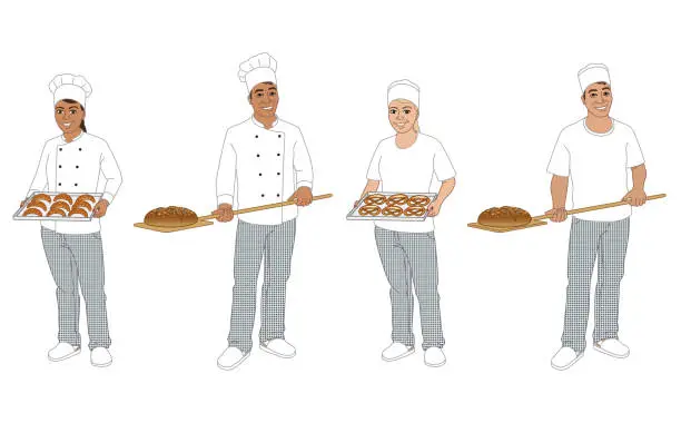 Vector illustration of Two male and two female baker
