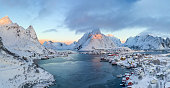 Aerial image of the iconic scene of Lofoten Islands at the sunrise time, Reine, Norway