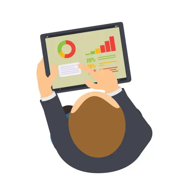 Vector illustration of Man with a tablet. Businessman looks through business financial charts