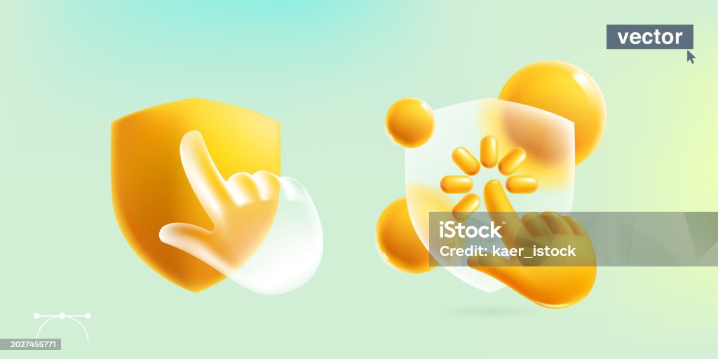 Shield Cursor Shield Symbol With Realistic 3d Hand Shape Cursor In Glassmorphism ...