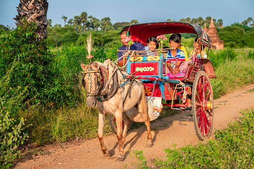 Burmese children with thanaka sitting on a horse cart near the ancient temples of Bagan, Myanmar (Burma)