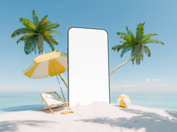 wakacje na tropikalnej plaży z makietą smartfona - movil phone zdjęcia i obrazy z banku zdjęć