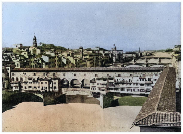 ilustrações de stock, clip art, desenhos animados e ícones de antique photo of world's landmarks (circa 1894): ponte vecchio, florence, italy - ponte vecchio