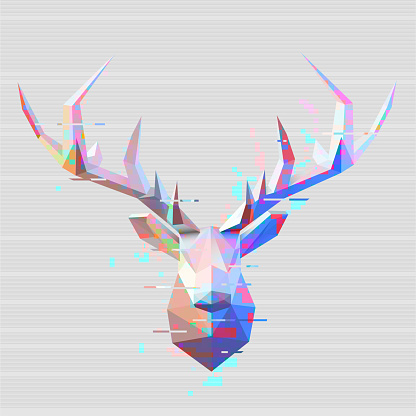 Vibrant low-poly design with vivid colors and glitch effects. Modern, geometric, elegant and futuristic deer illustration with digital glitch effects that create a sense of movement and technological influence.