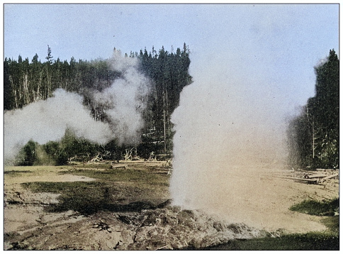 Antique photo of World's landmarks (circa 1894): Geysers, Yellowstone Park, Wyoming