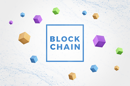 Blockchain text surrounded by blocks, cubes with binary code, and network nodes. Digital connectivity and security concept