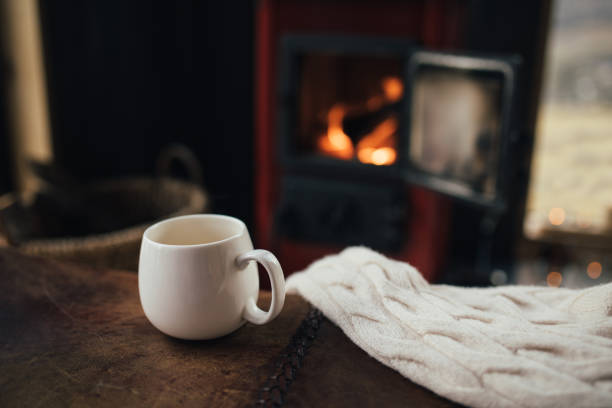 istock White cup with tea with burning fireplace on the background in cozy log cabin. 2027510167