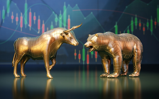 3d Render Bull & Bear Market Concept on Financial Chart, Available for Stock Exchange Stocks Crypto Market (Depth Of Field)