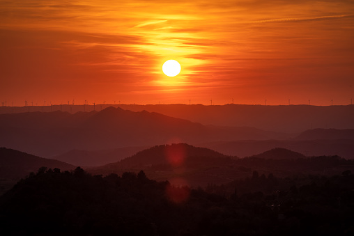 Sunset, sunrise, sun over rural countryside wheat field. Late spring, early summer