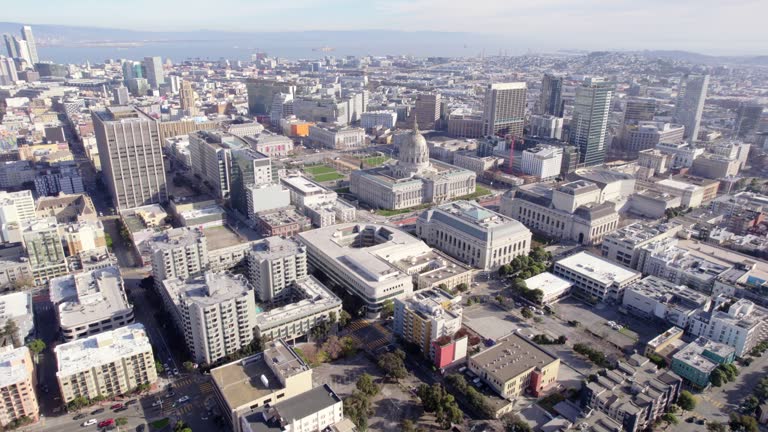 Drone Shot of San Francisco City Hall, Courts, Opera House, Herbst Theatre and Buildings, California USA