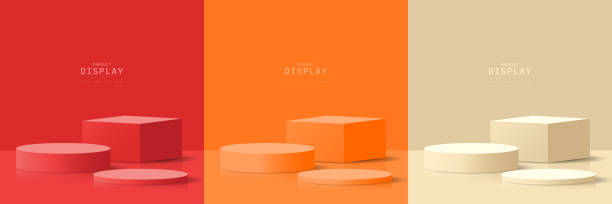 istock Set of clean 3D room with realistic red, orange and brown 3d cylinder podium and cube or product stand. 3d vector rendering. product presentation podium. design for advertise product. 2027526509