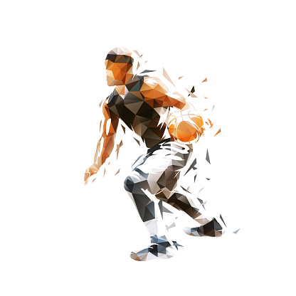 Basketball player running with ball, isolated low poly vector illustration. Team sport athlete
